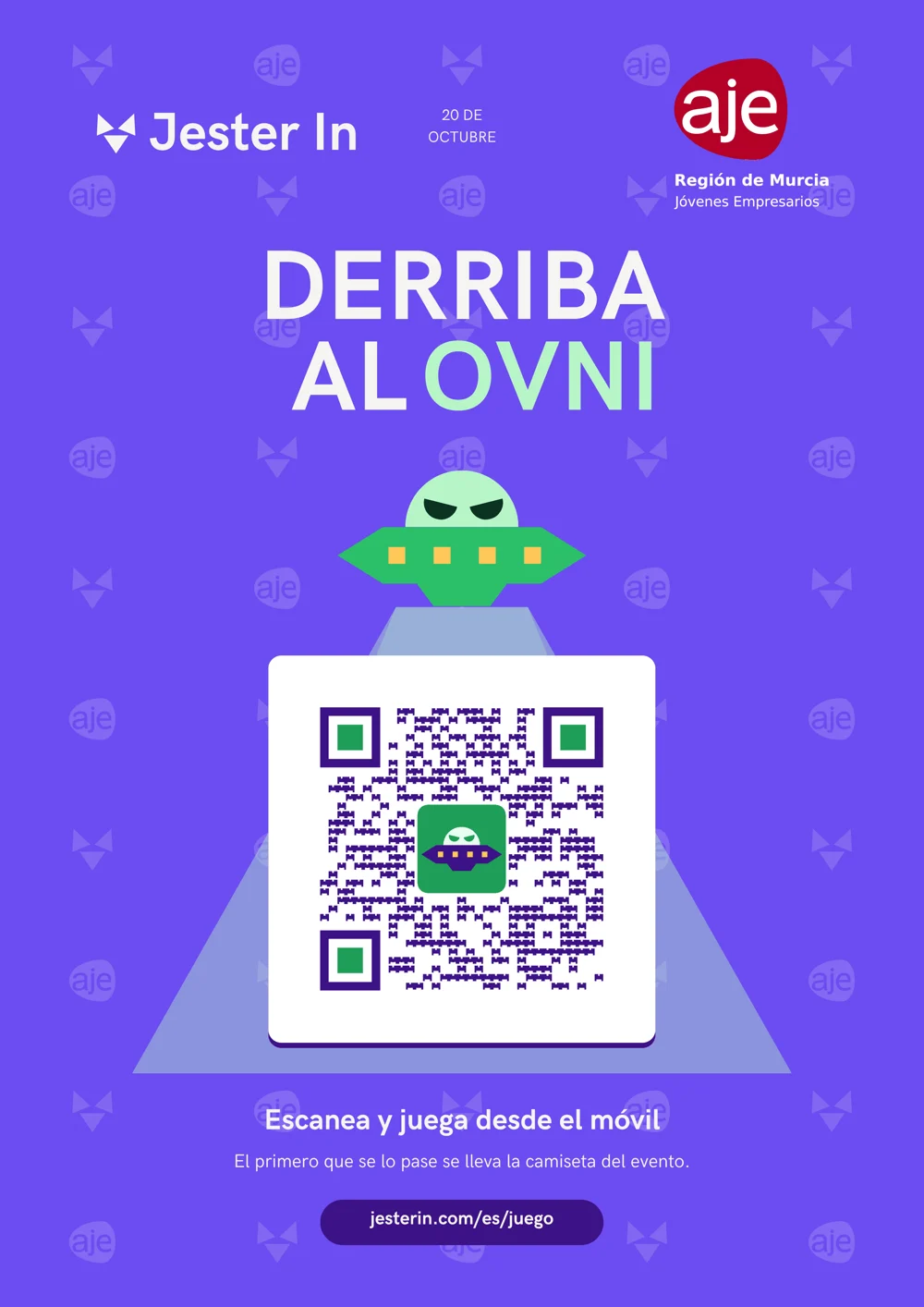 Cartel del juego Derriba al ovni de Jester In y AJE Región de Murcia con un QR para jugar desde el móvil